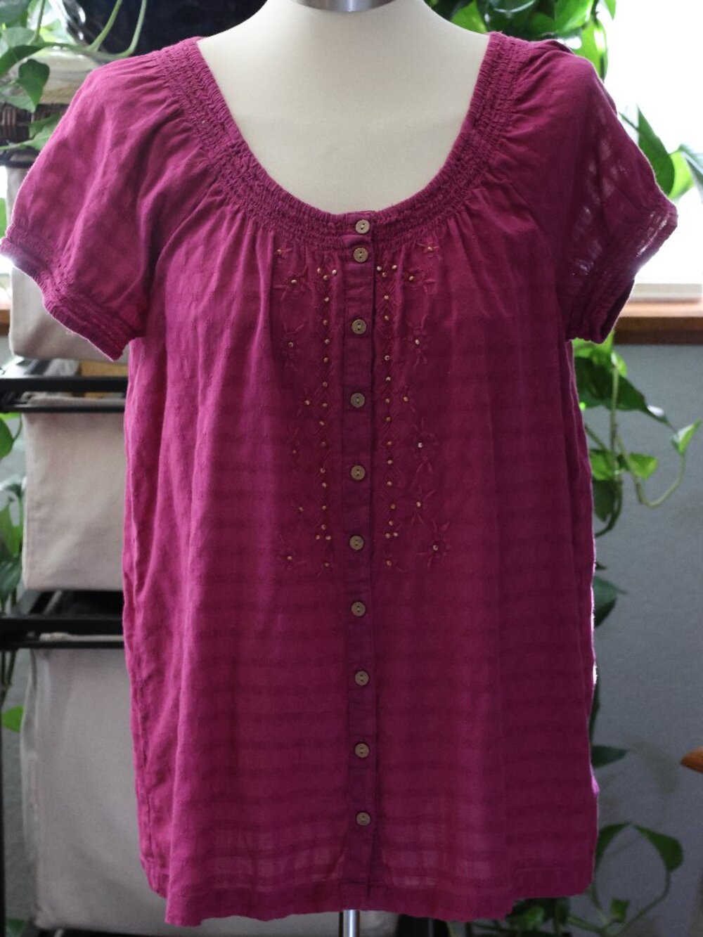 Sonoma Cranberry Color Button-up Top w/beaded Flower Front
